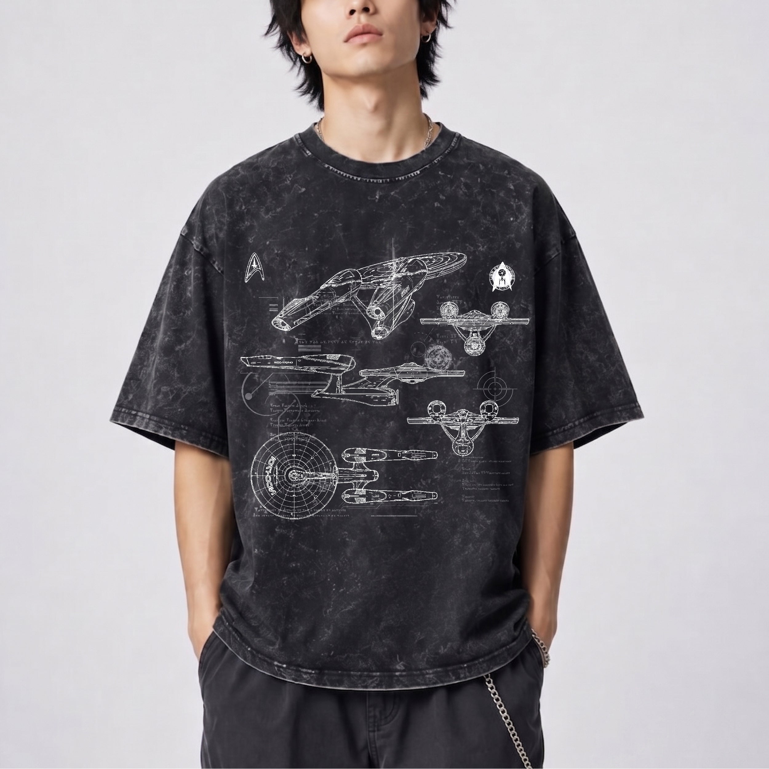 New USS Enterprise Schematic Wash Tee - Sci-fi Movies Vintage Wash T-shirt