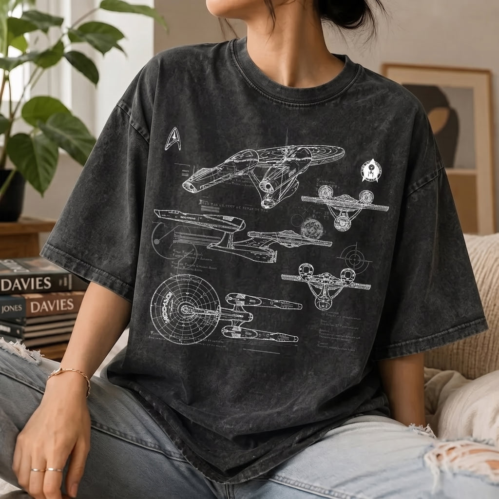 New USS Enterprise Schematic Wash Tee - Sci-fi Movies Vintage Wash T-shirt