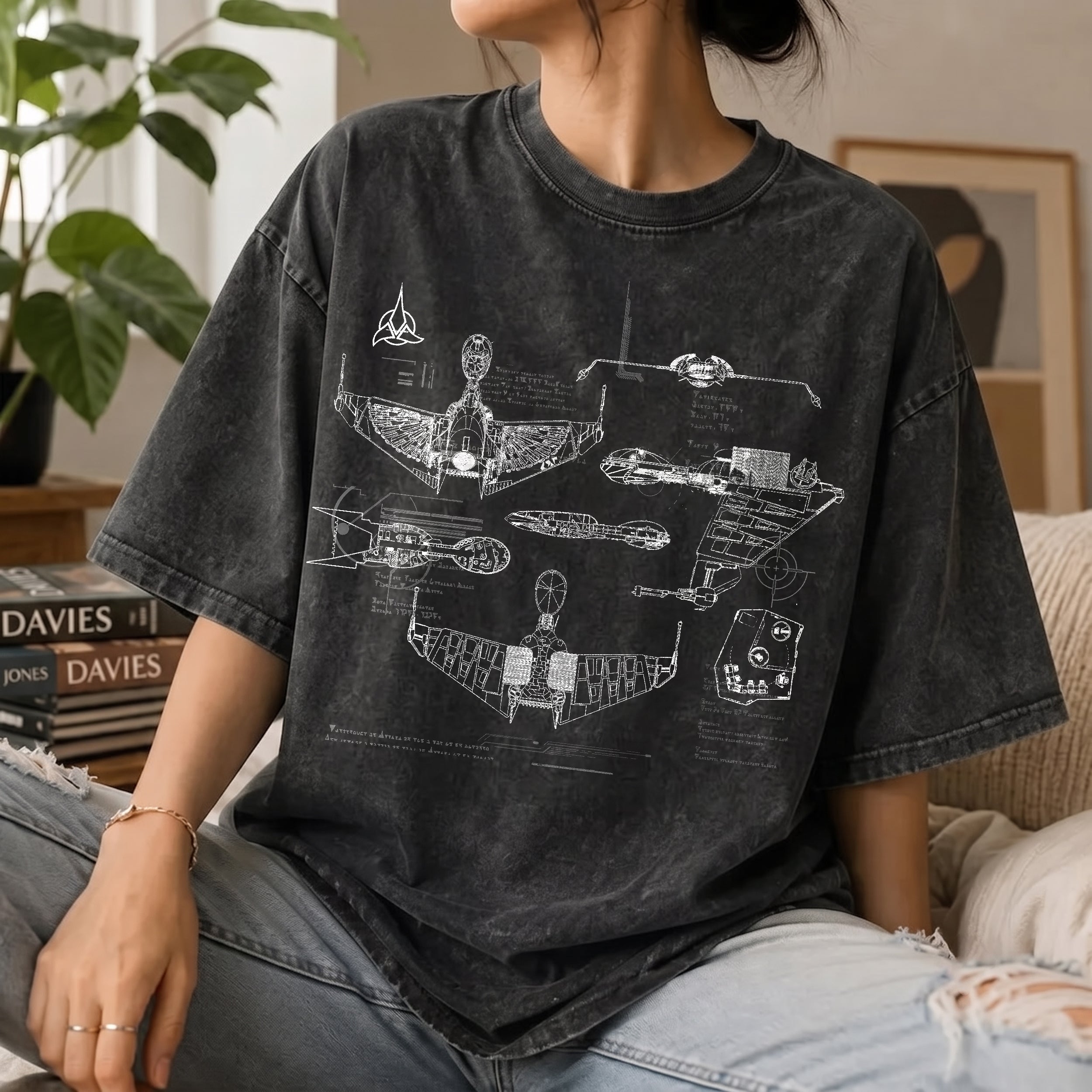 Klingon Starship Schematic Wash Tee - Sci-fi Movies Vintage Wash T-shirt