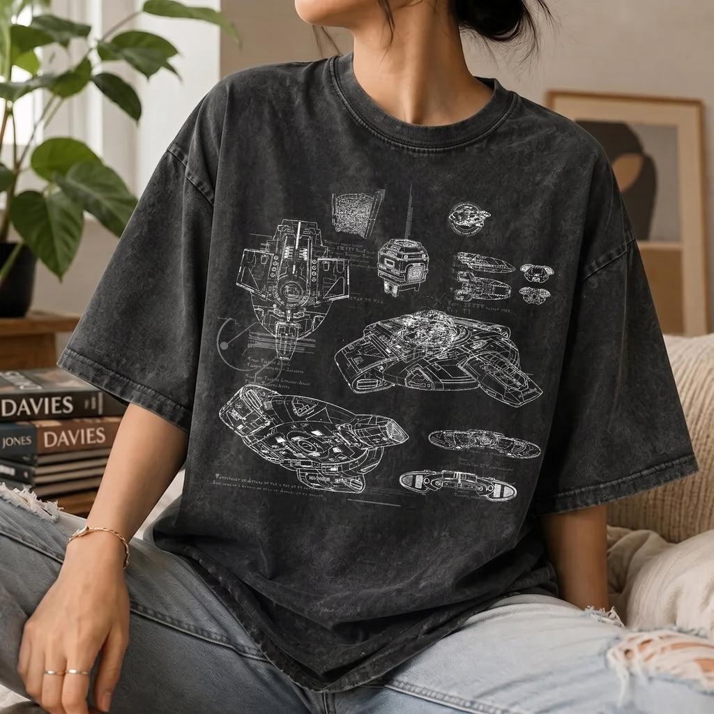 USS Defiant Schematic Wash Tee - Sci-fi Movies Vintage Wash T-shirt