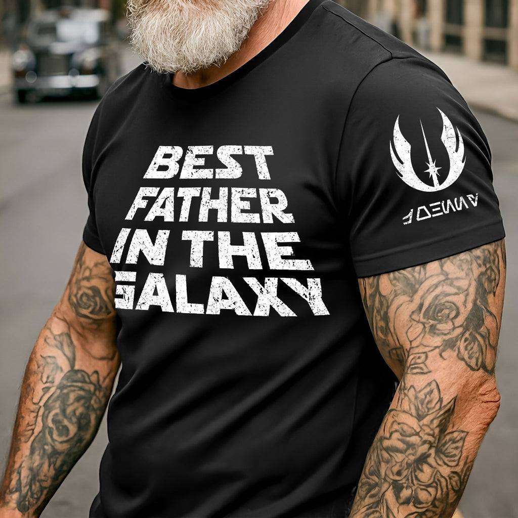 Custom Best Father In The Galaxy Name in Aurebesh and Mando'a Sleeve Printed Shirt - Personalized Father's Day Shirt