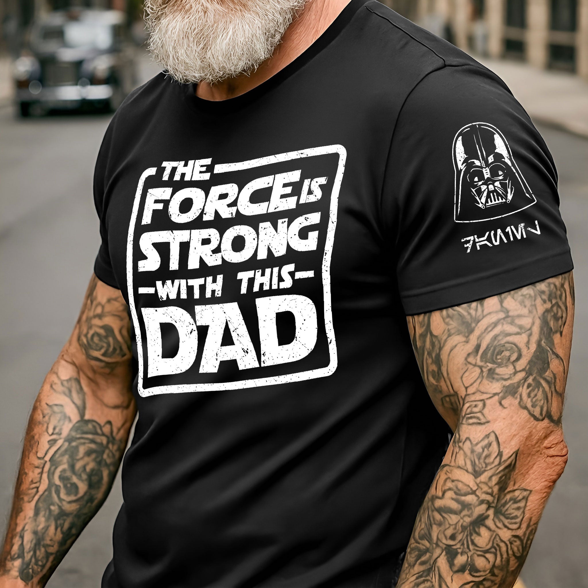 Custom The Force Dad Name in Aurebesh Sleeve Printed Shirt - Personalized Father's Day Shirt