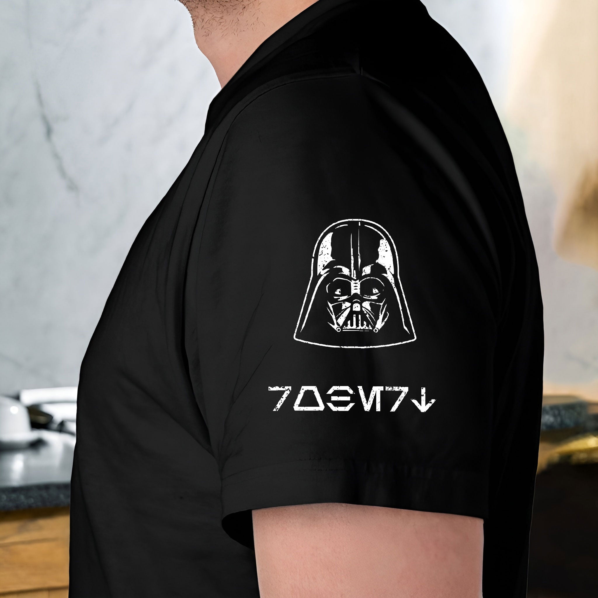 Custom Best Father In The Galaxy Name in Aurebesh and Mando'a Sleeve Printed Shirt - Personalized Father's Day Shirt