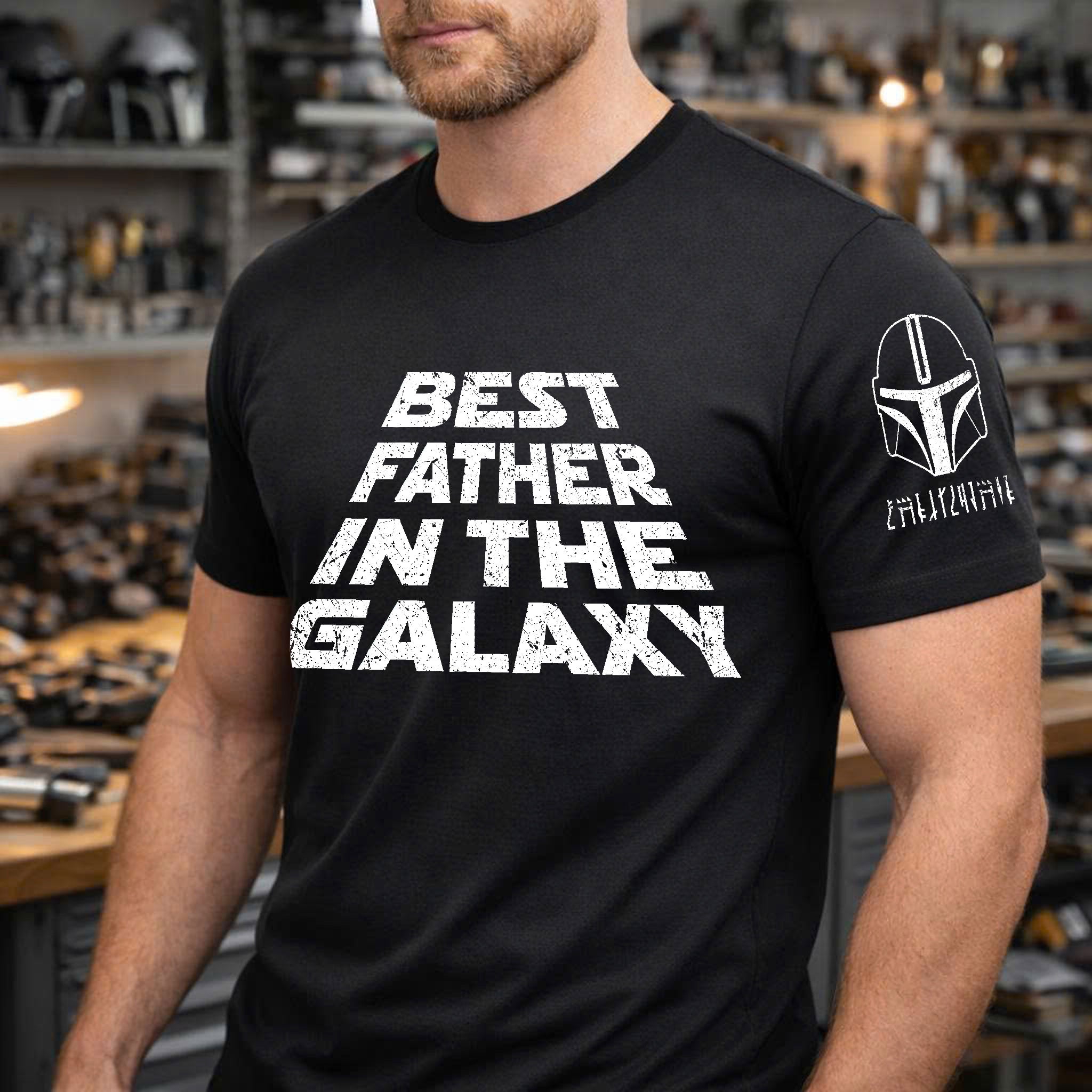 Custom Best Father In The Galaxy Name in Aurebesh and Mando'a Sleeve Printed Shirt - Personalized Father's Day Shirt