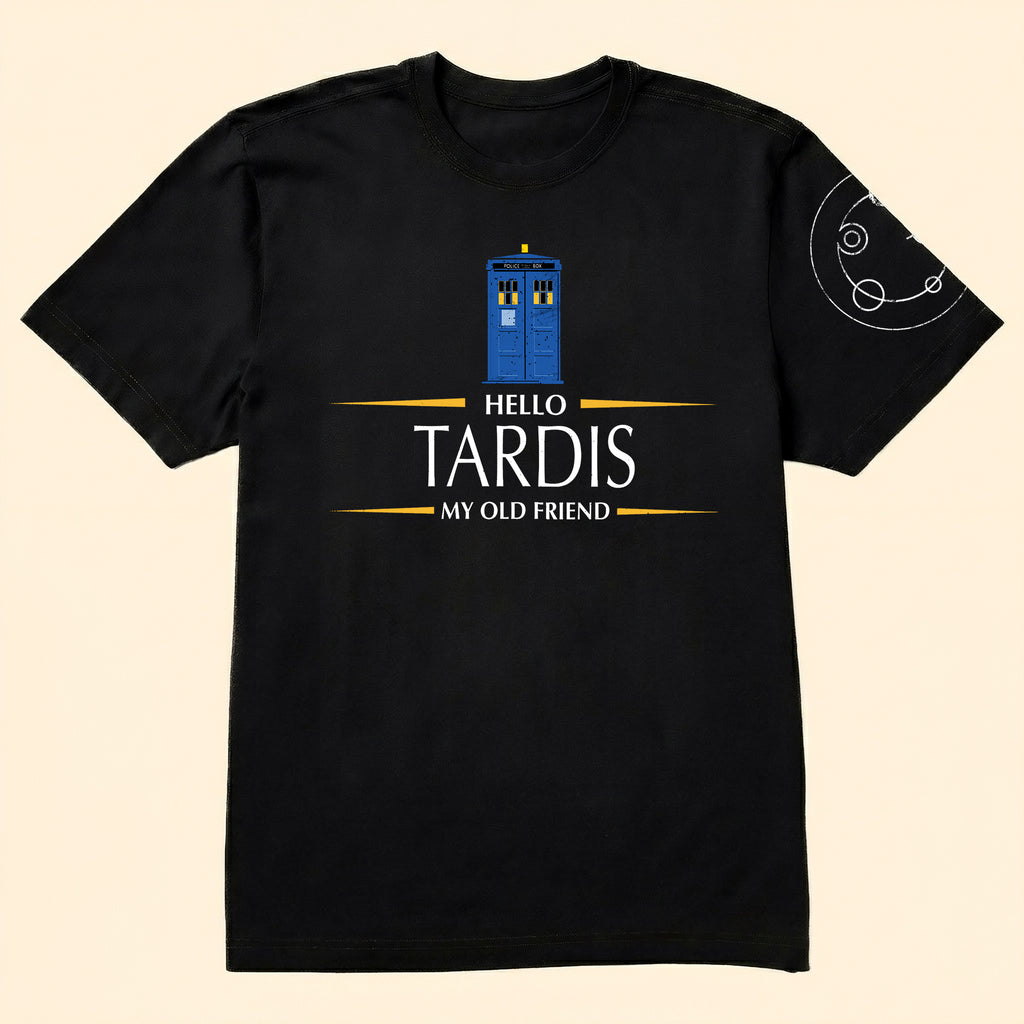 Hello Tardis My Old Friend With Custom Gallifreyan Name Printed Shirt - Sci-fi Movie Personalized Shirt