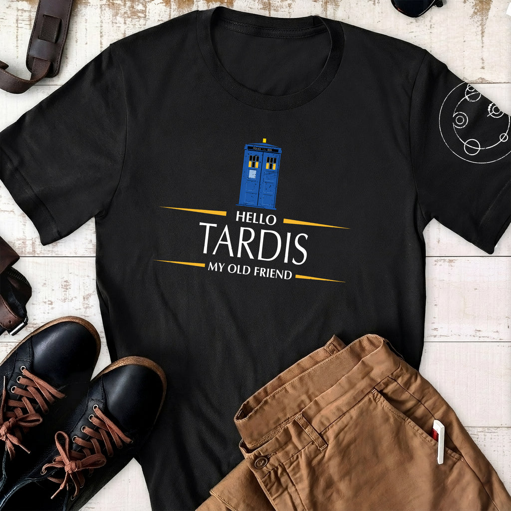 Hello Tardis My Old Friend With Custom Gallifreyan Name Printed Shirt - Sci-fi Movie Personalized Shirt