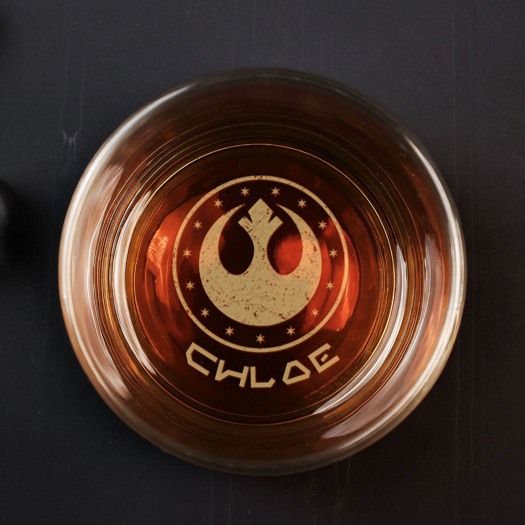 Custom Name in Aurebesh/ Mando'a Star Wars Engraved Whiskey Glass - Personalized Old Fashioned 11OZ Scotch Glass