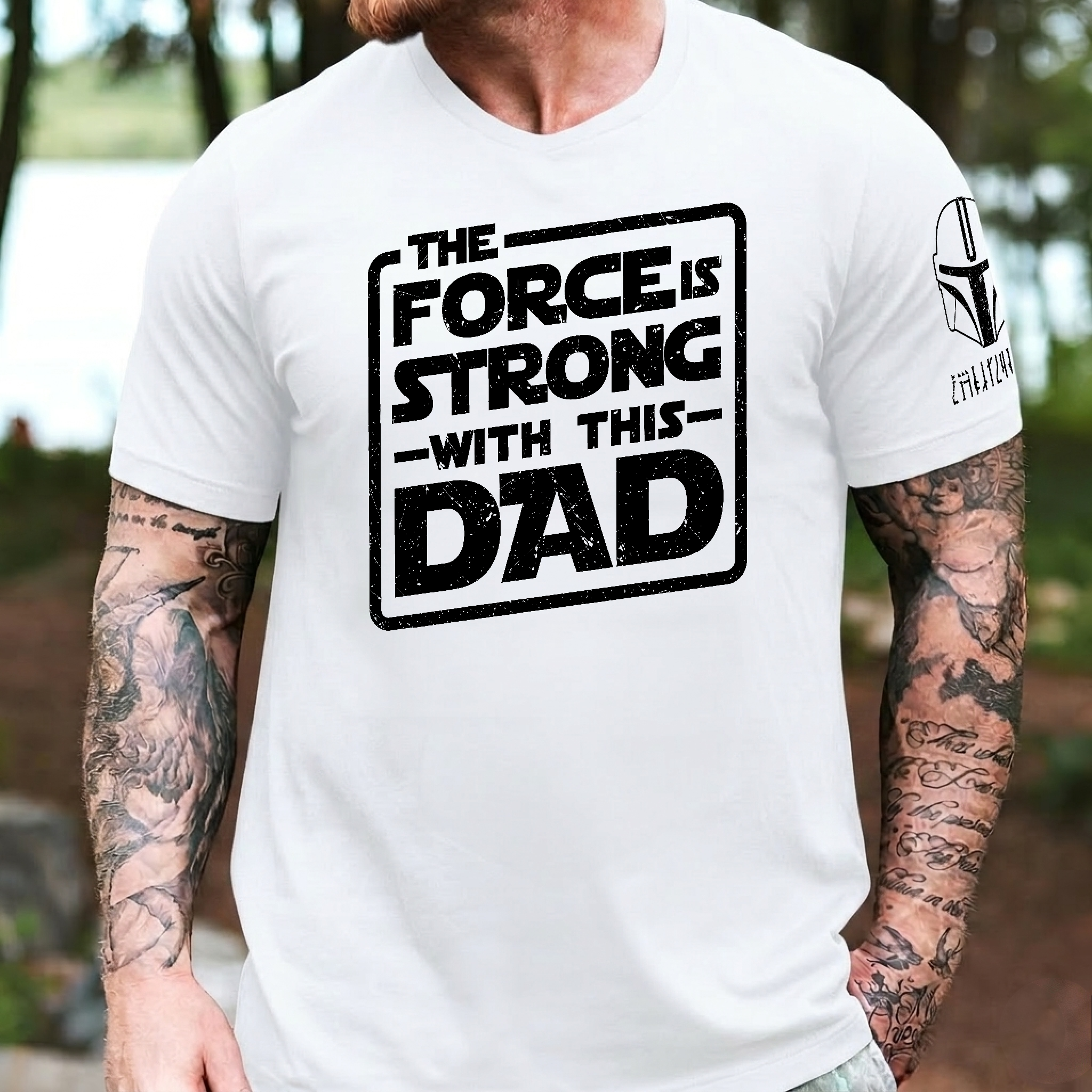 Custom The Force Dad Name in Aurebesh Sleeve Printed Shirt - Personalized Father's Day Shirt