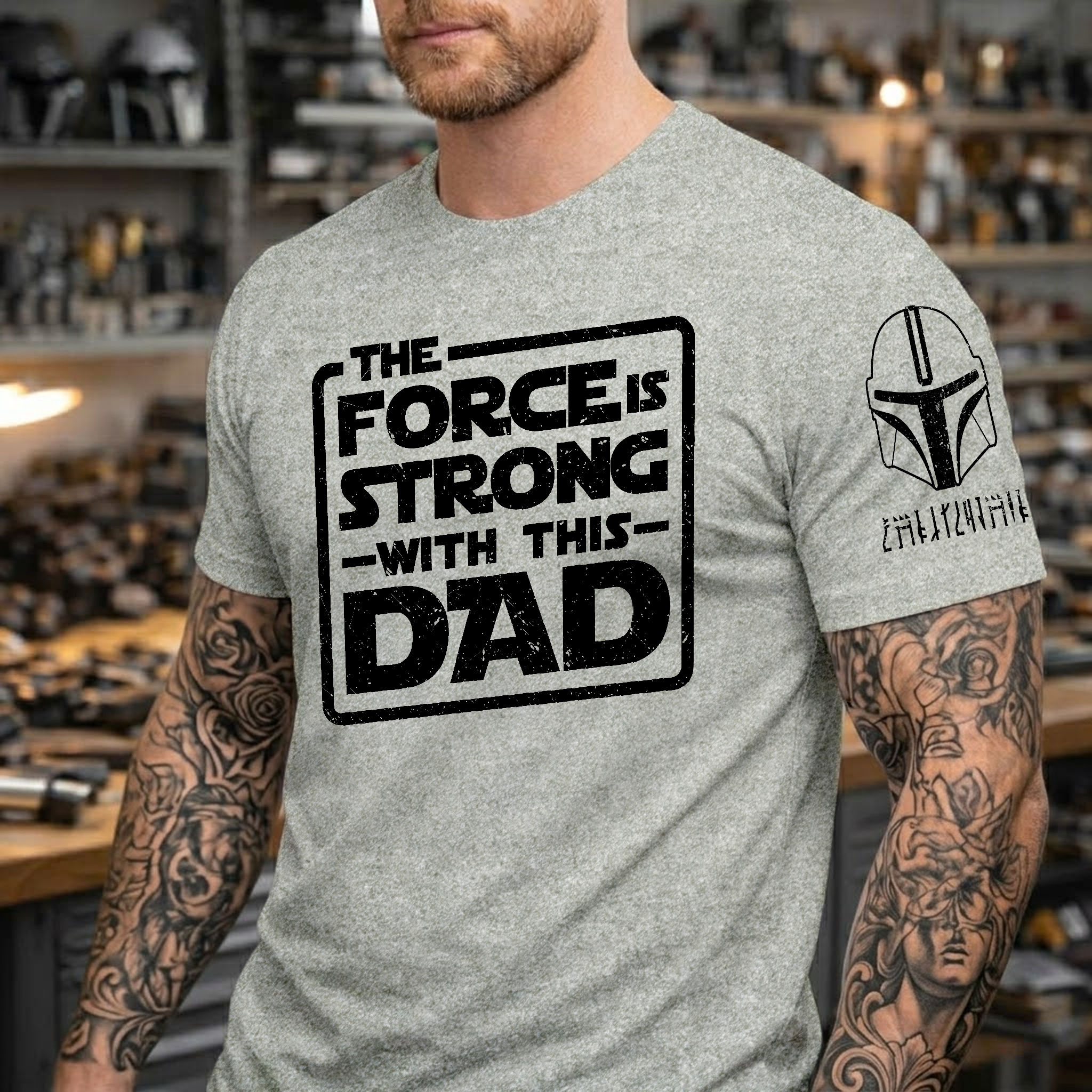 Custom The Force Dad Name in Aurebesh Sleeve Printed Shirt - Personalized Father's Day Shirt