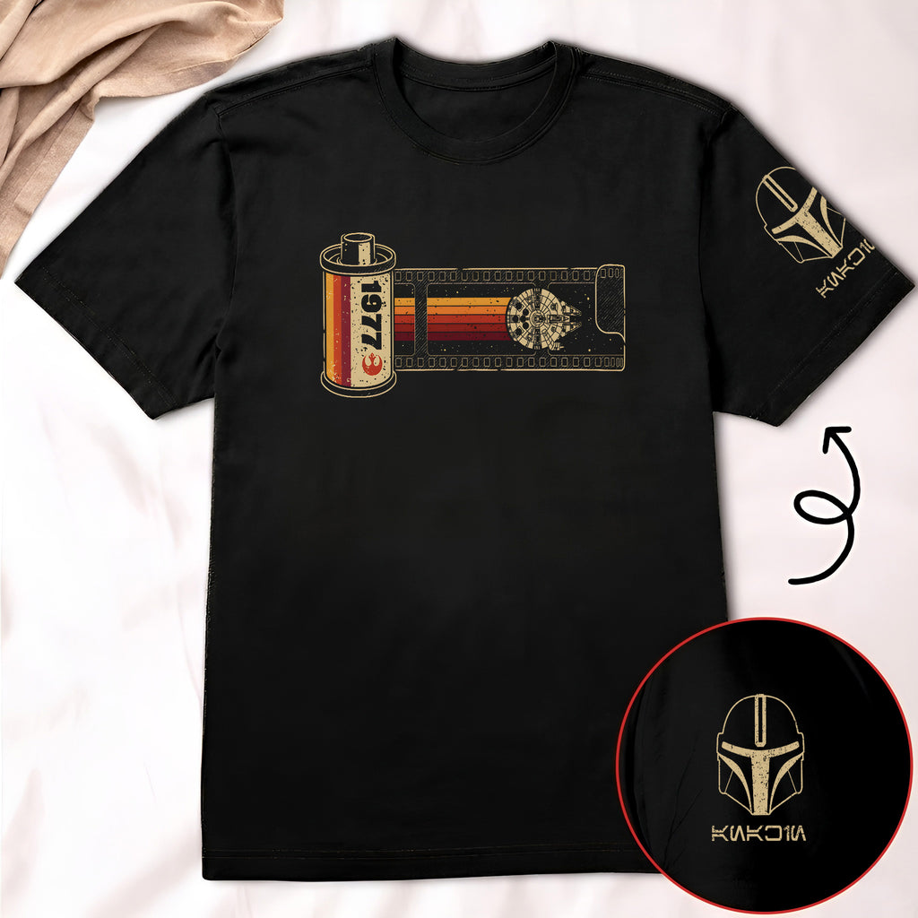 35mm Smuggler Route With Custom Name in Aurebesh/Mando'a Sleeve Printed Shirt - Personalized Shirt and Sleeve
