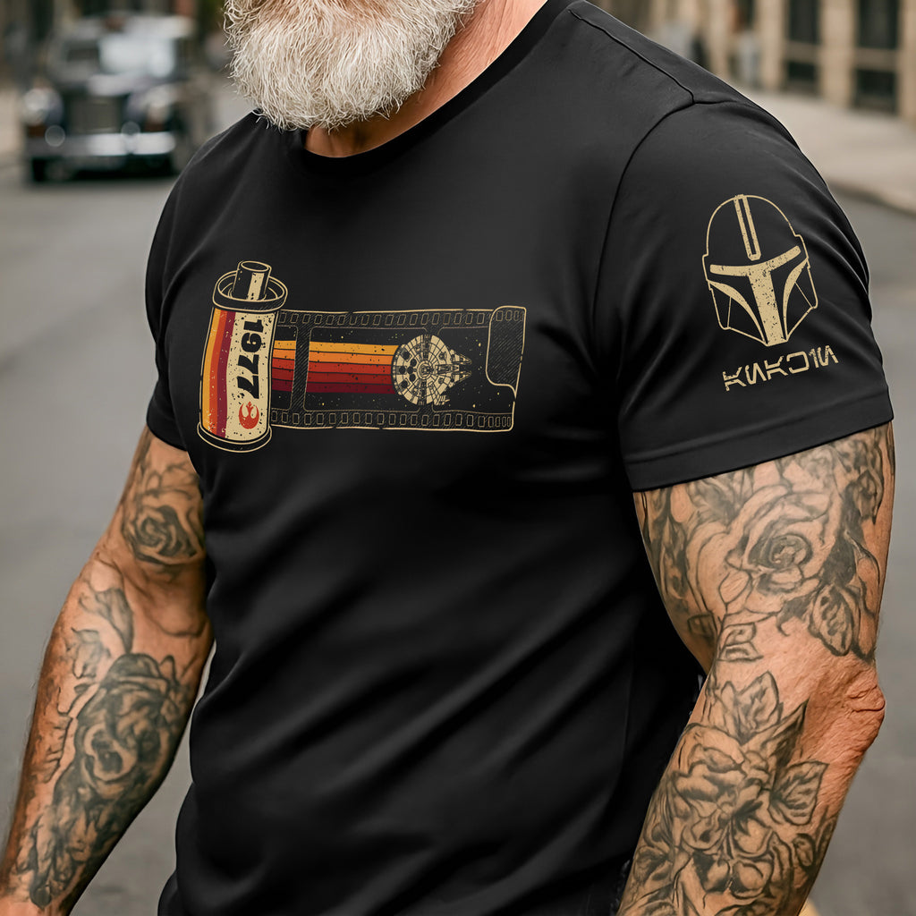 35mm Smuggler Route With Custom Name in Aurebesh/Mando'a Sleeve Printed Shirt - Personalized Shirt and Sleeve
