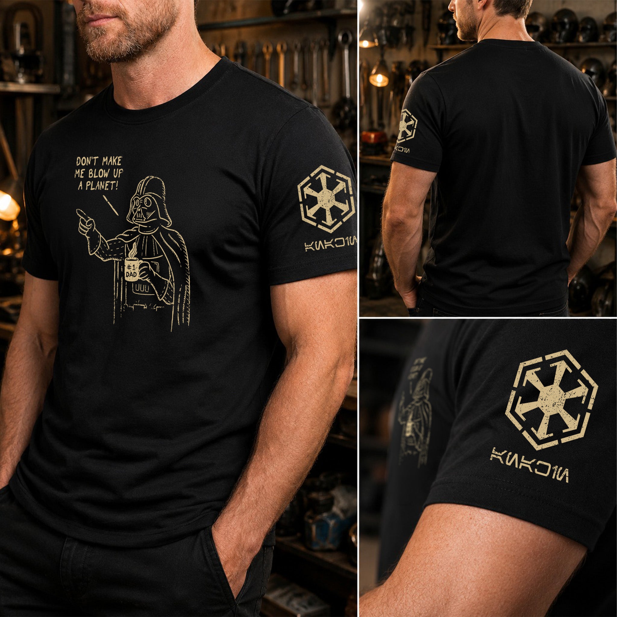 #1 Dad Vader With Custom Name in Aurebesh/Mando'a Sleeve Printed Shirt - Personalized Shirt and Sleeve
