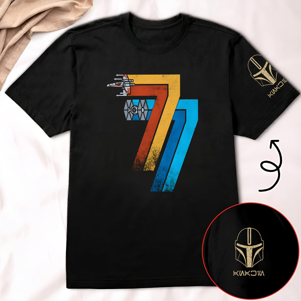 May 25th 1977 With Custom Name in Aurebesh/Mando'a Sleeve Printed Shirt - Personalized Shirt and Sleeve