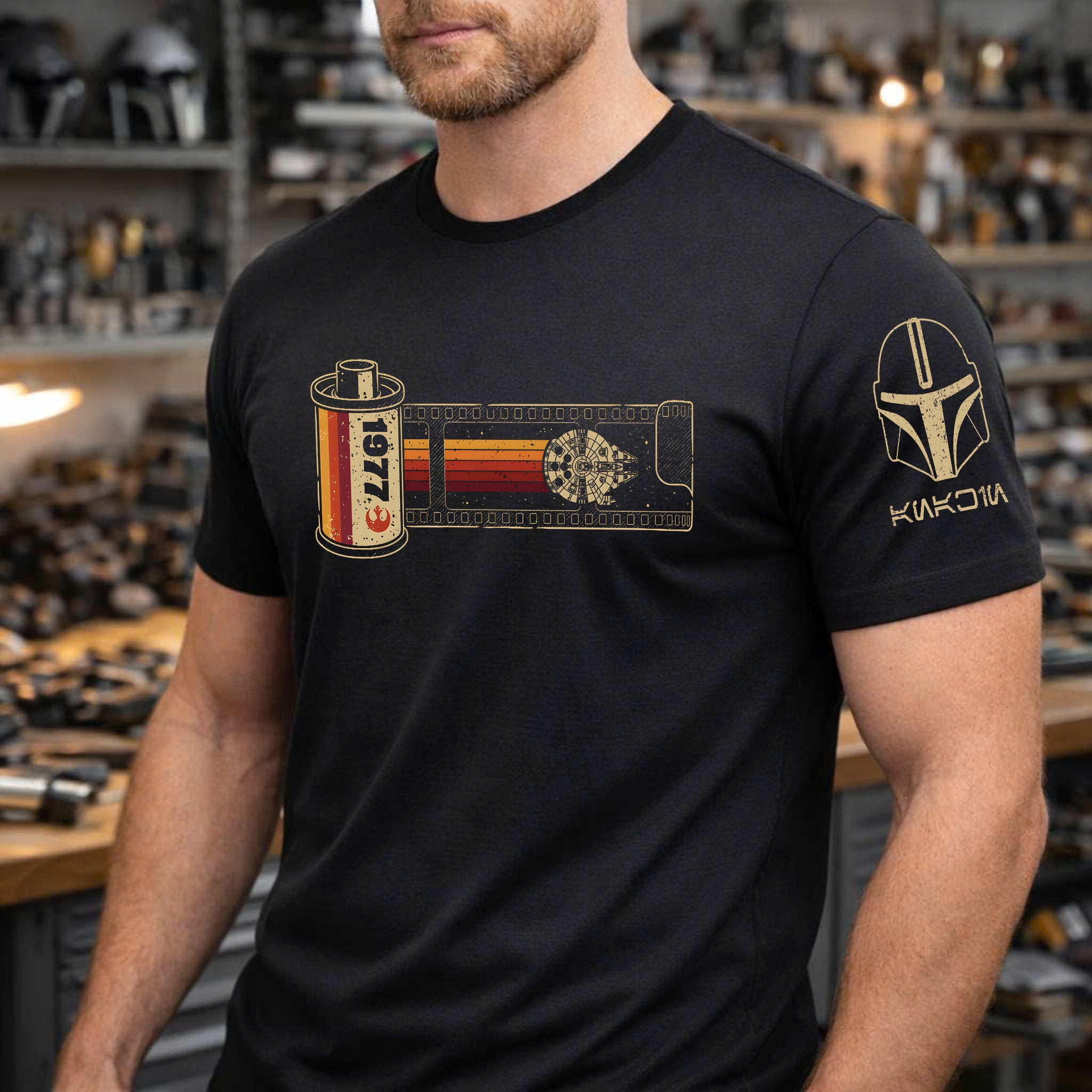 35mm Smuggler Route With Custom Name in Aurebesh/Mando'a Sleeve Printed Shirt - Personalized Shirt and Sleeve