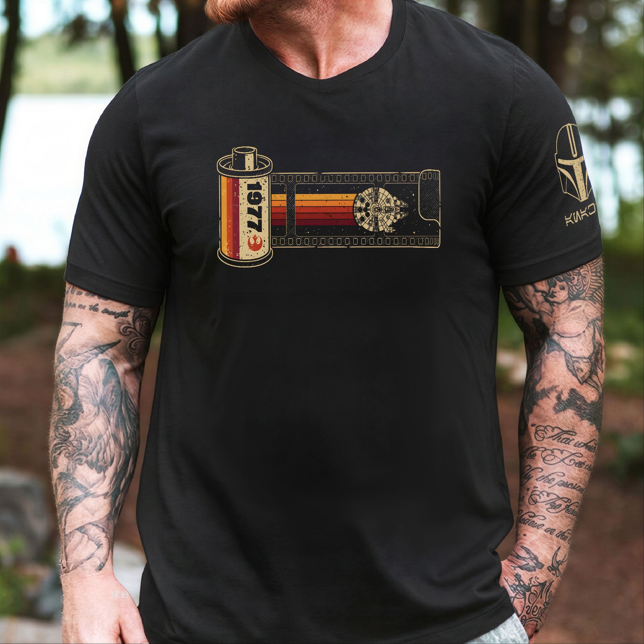 35mm Smuggler Route With Custom Name in Aurebesh/Mando'a Sleeve Printed Shirt - Personalized Shirt and Sleeve