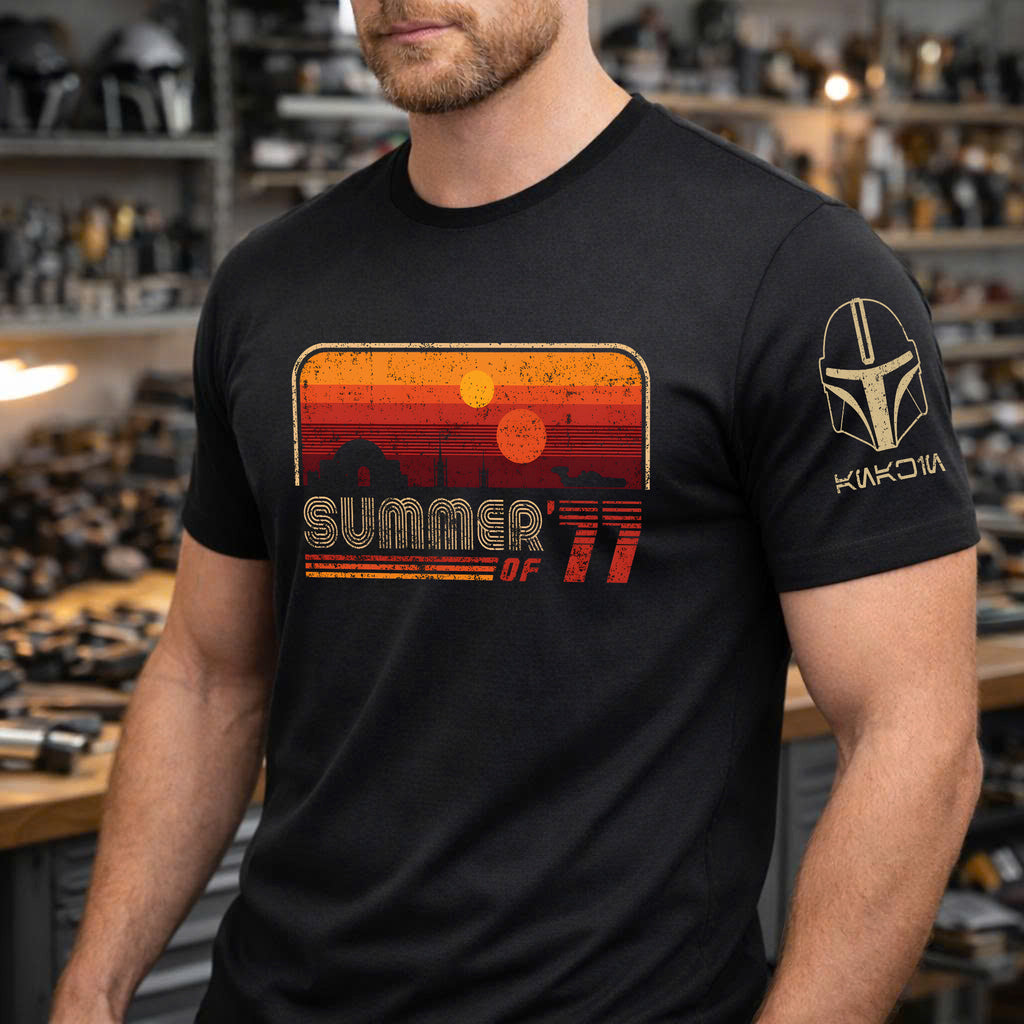 Summer Of '77 With Custom Name in Aurebesh/Mando'a Sleeve Printed Shirt - Personalized Shirt and Sleeve