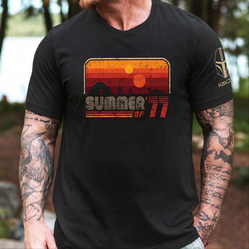 Summer Of '77 With Custom Name in Aurebesh/Mando'a Sleeve Printed Shirt - Personalized Shirt and Sleeve
