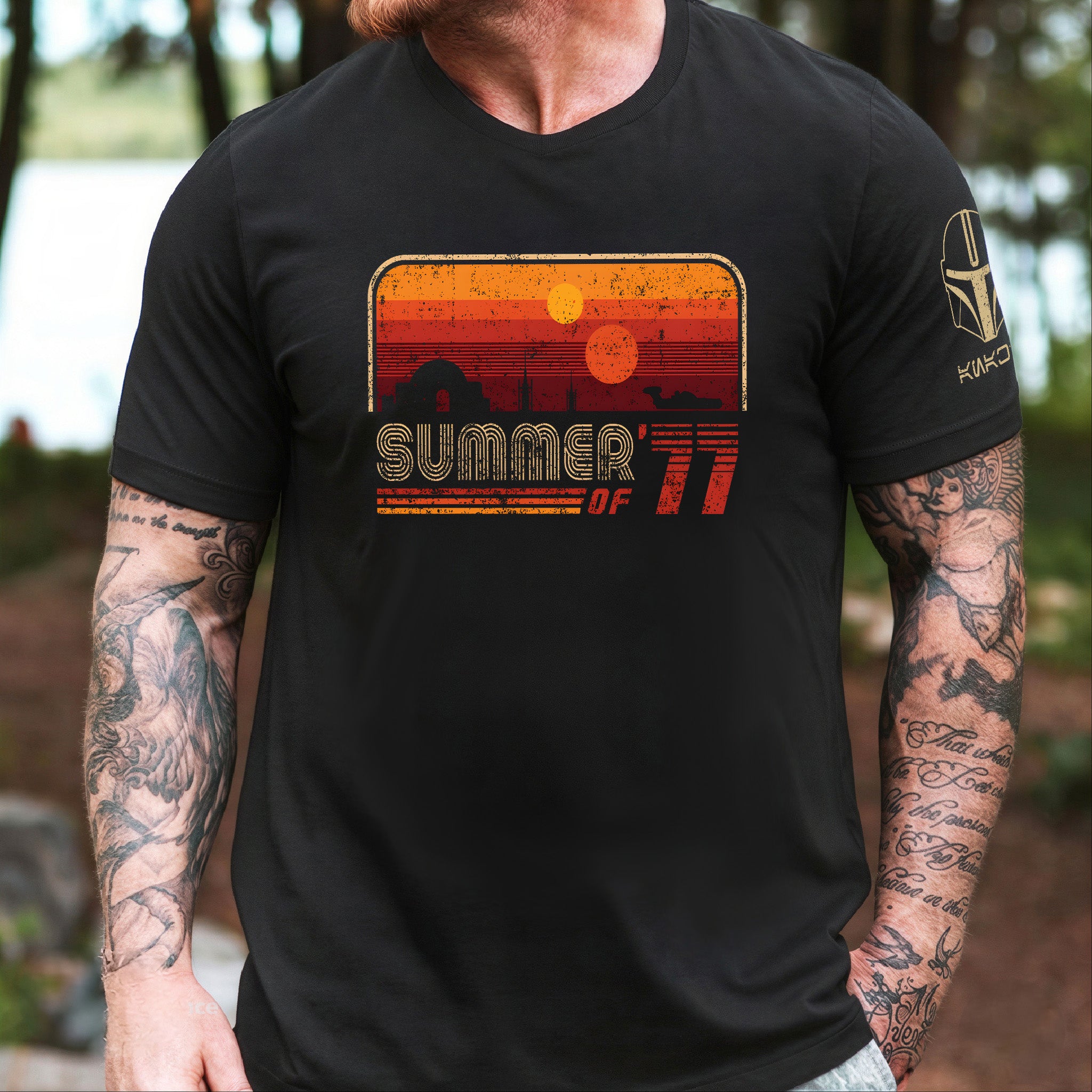 Summer Of '77 With Custom Name in Aurebesh/Mando'a Sleeve Printed Shirt - Personalized Shirt and Sleeve