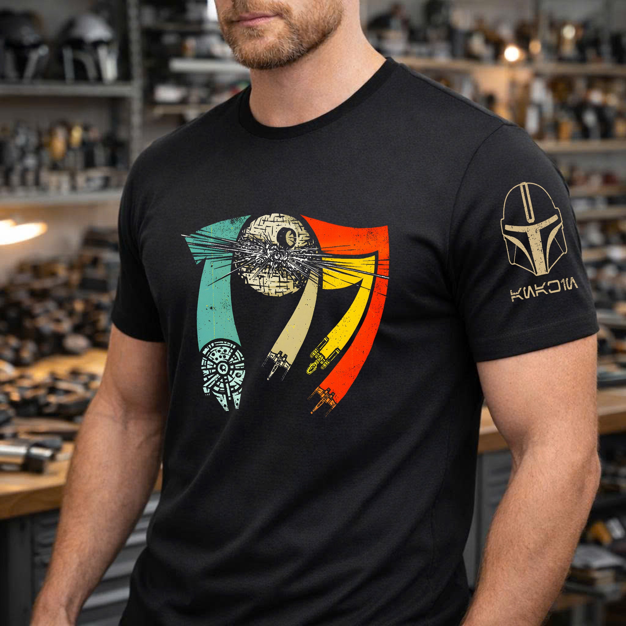 Vintage 1977 With Custom Name in Aurebesh/Mando'a Sleeve Printed Shirt - Personalized Shirt and Sleeve