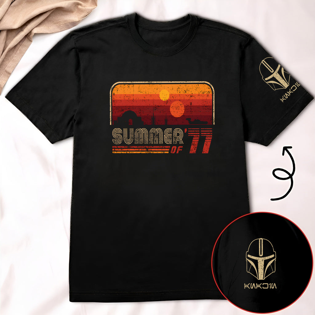 Summer Of '77 With Custom Name in Aurebesh/Mando'a Sleeve Printed Shirt - Personalized Shirt and Sleeve
