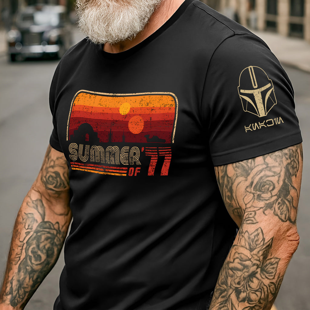 Summer Of '77 With Custom Name in Aurebesh/Mando'a Sleeve Printed Shirt - Personalized Shirt and Sleeve