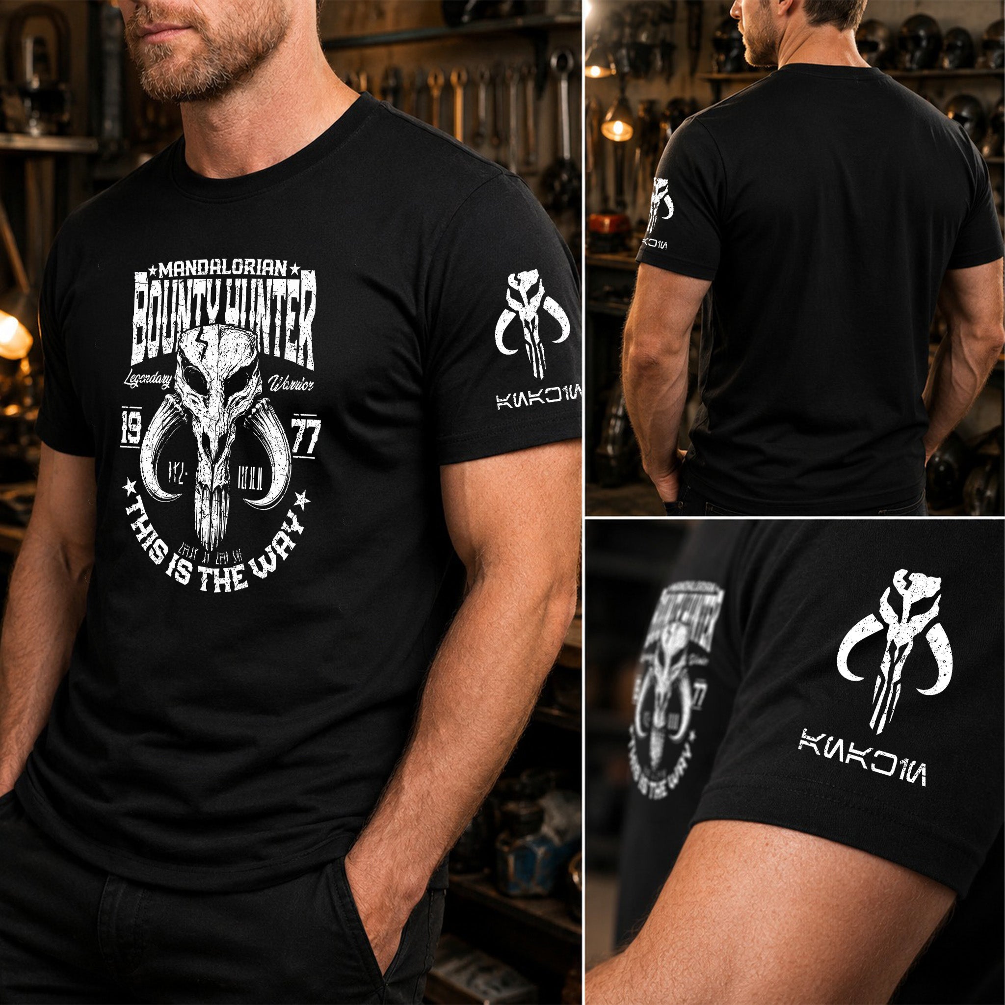 Bounty Hunter With Custom Name in Aurebesh/Mando'a Sleeve Printed Shirt - Personalized Shirt and Sleeve