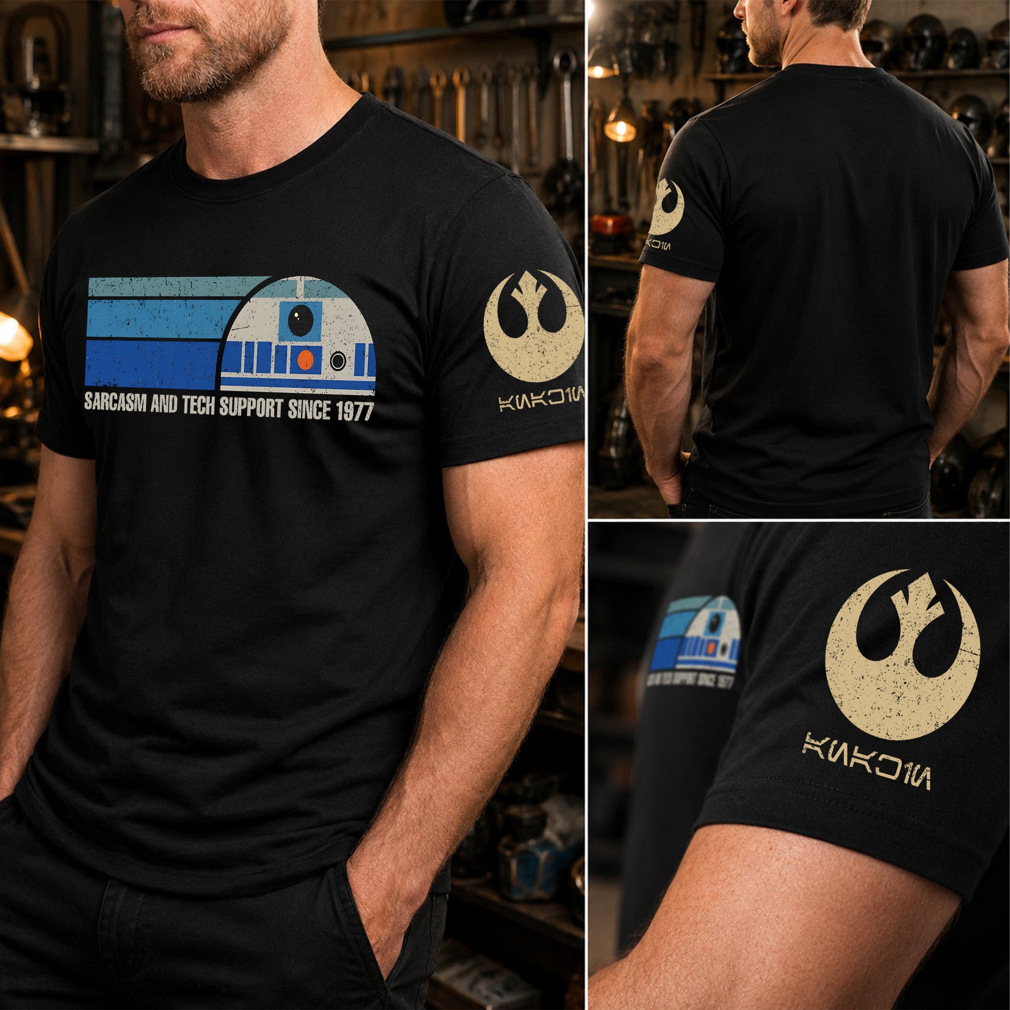 Providing Sarcasm And Tech Support Since 1977 With Custom Name in Aurebesh/Mando'a Sleeve Printed Shirt - Personalized Shirt and Sleeve