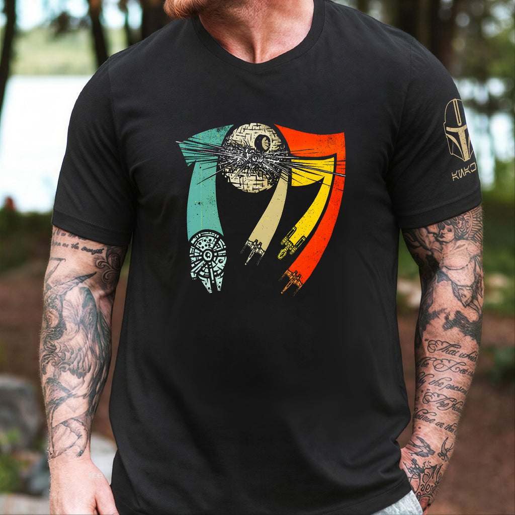 Vintage 1977 With Custom Name in Aurebesh/Mando'a Sleeve Printed Shirt - Personalized Shirt and Sleeve