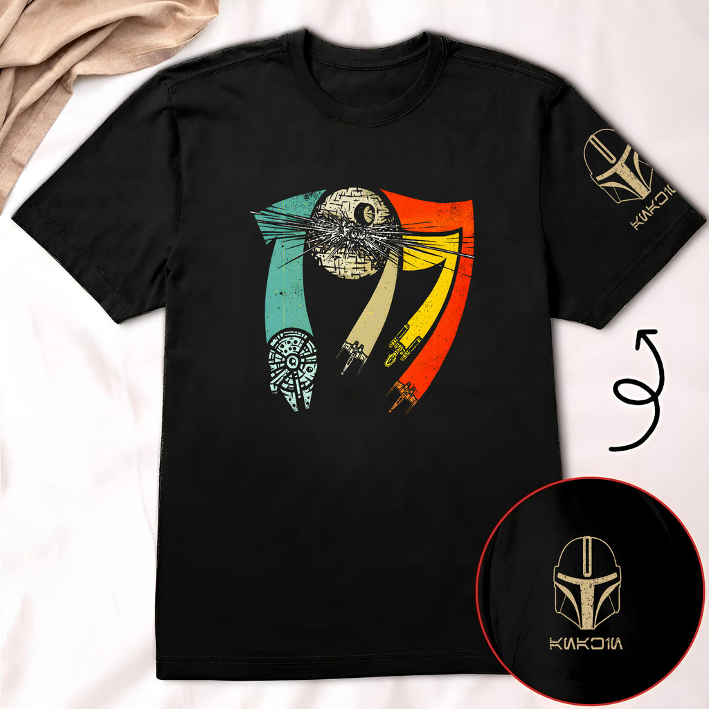 Vintage 1977 With Custom Name in Aurebesh/Mando'a Sleeve Printed Shirt - Personalized Shirt and Sleeve