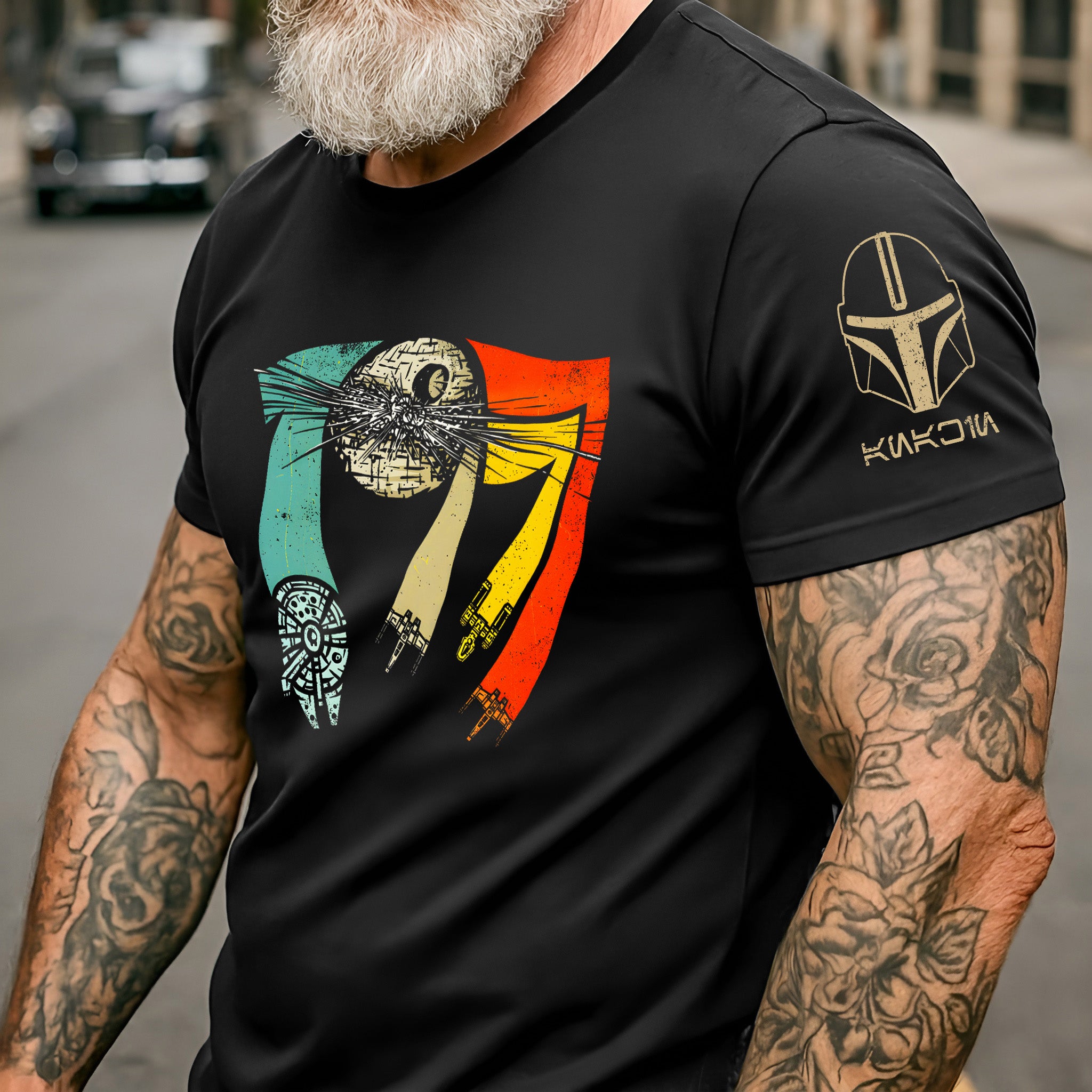 Vintage 1977 With Custom Name in Aurebesh/Mando'a Sleeve Printed Shirt - Personalized Shirt and Sleeve