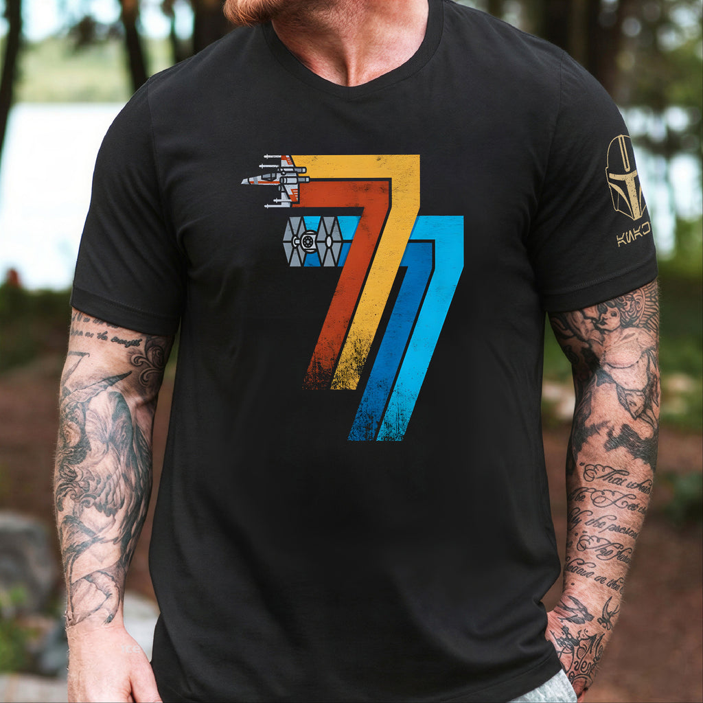 May 25th 1977 With Custom Name in Aurebesh/Mando'a Sleeve Printed Shirt - Personalized Shirt and Sleeve