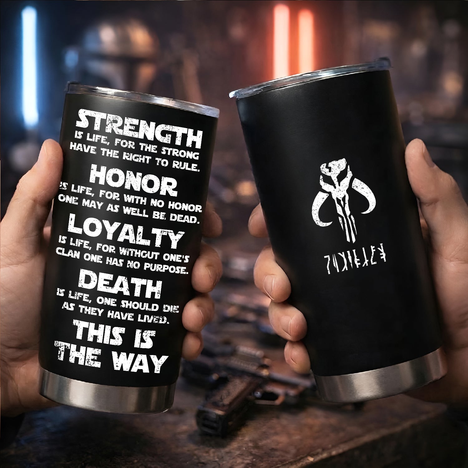 Custom Galactic Code and Name in Aurebesh/Mando'a 20Oz Tumbler - Personalized Sith Code/ Jedi Code/ Code of Honor Insulated Mug with Lid