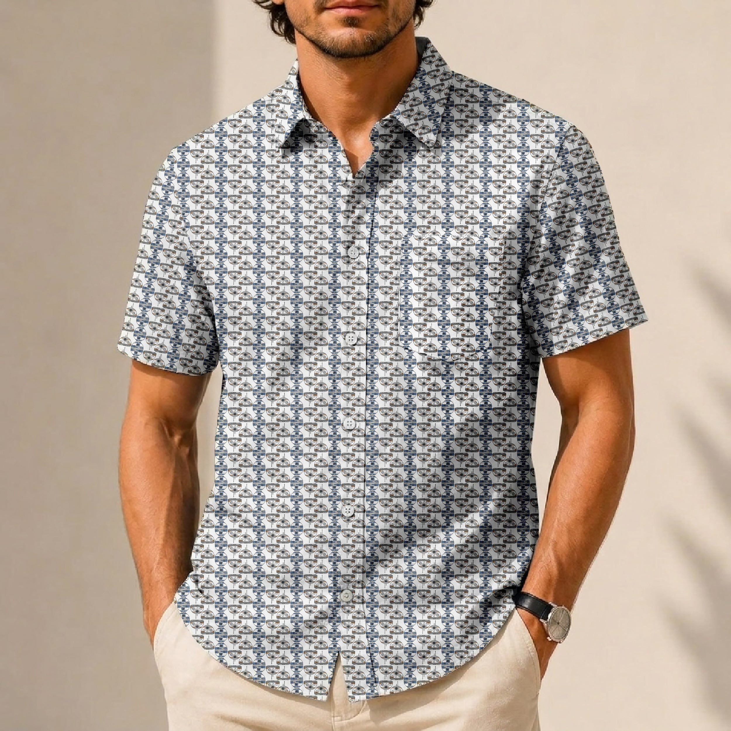 Star Wars R2-D2 BB-8 Head Pattern Hawaiian Shirt with Pocket - Star Wars Button Down Shirt