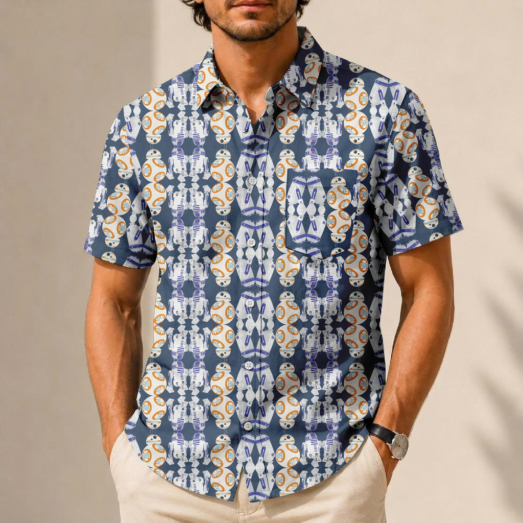 Galactic R2-D2 BB-8 Walking Pattern Hawaiian Shirt with Pocket - Galactic Button Down Shirt
