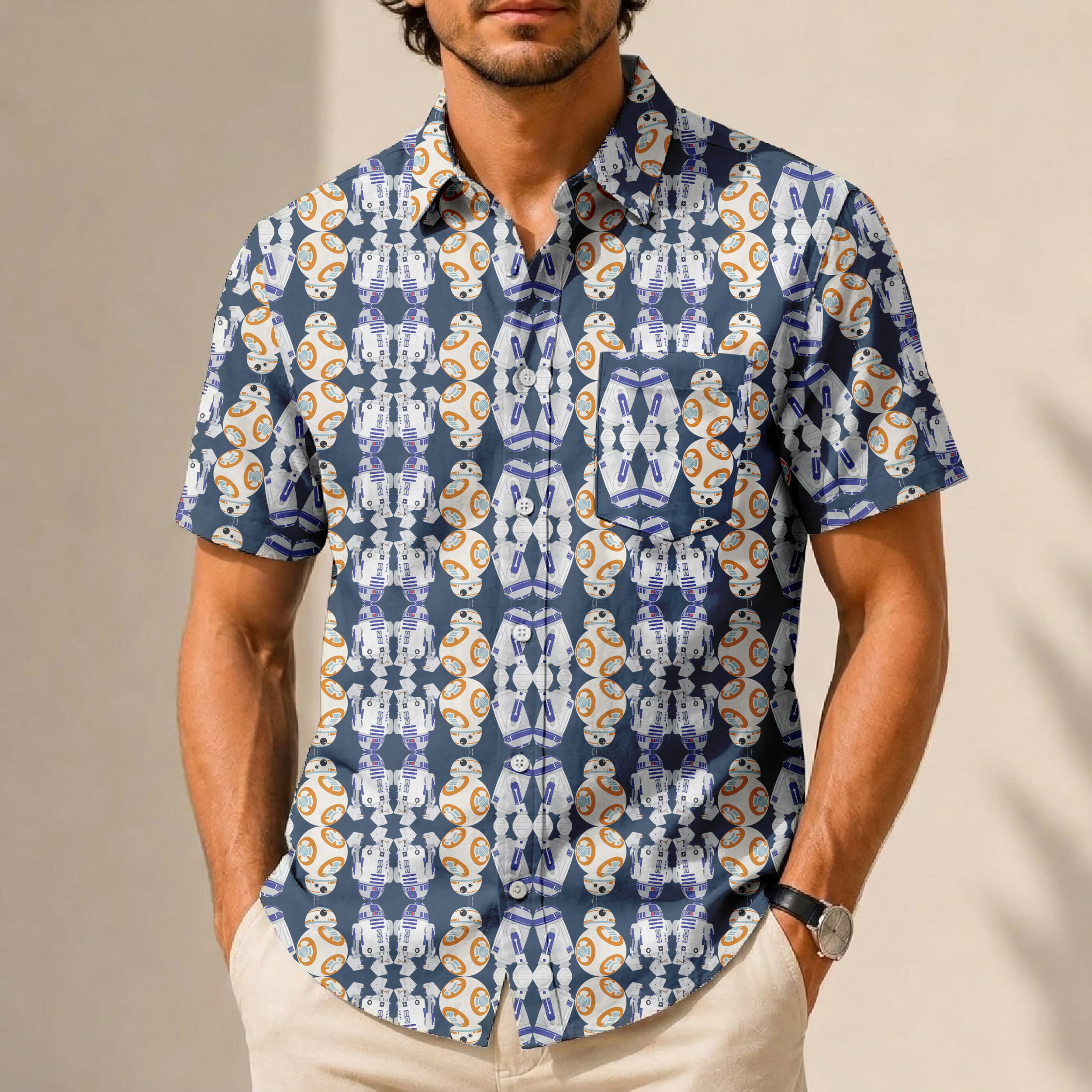 Galactic R2-D2 BB-8 Walking Pattern Hawaiian Shirt with Pocket - Galactic Button Down Shirt