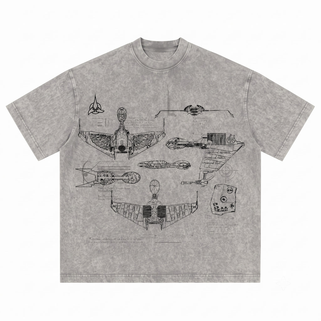 Klingon Starship Schematic Wash Tee - Sci-fi Movies Vintage Wash T-shirt