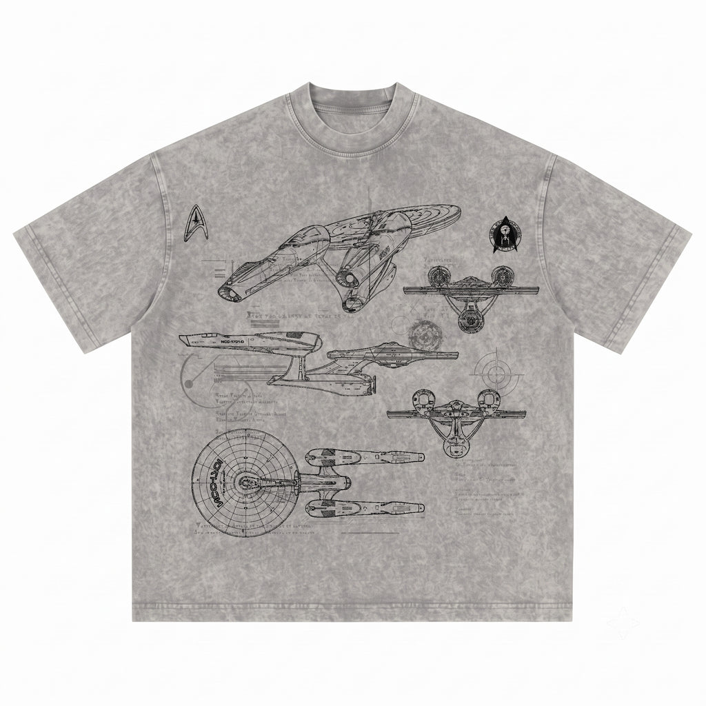 New USS Enterprise Schematic Wash Tee - Sci-fi Movies Vintage Wash T-shirt