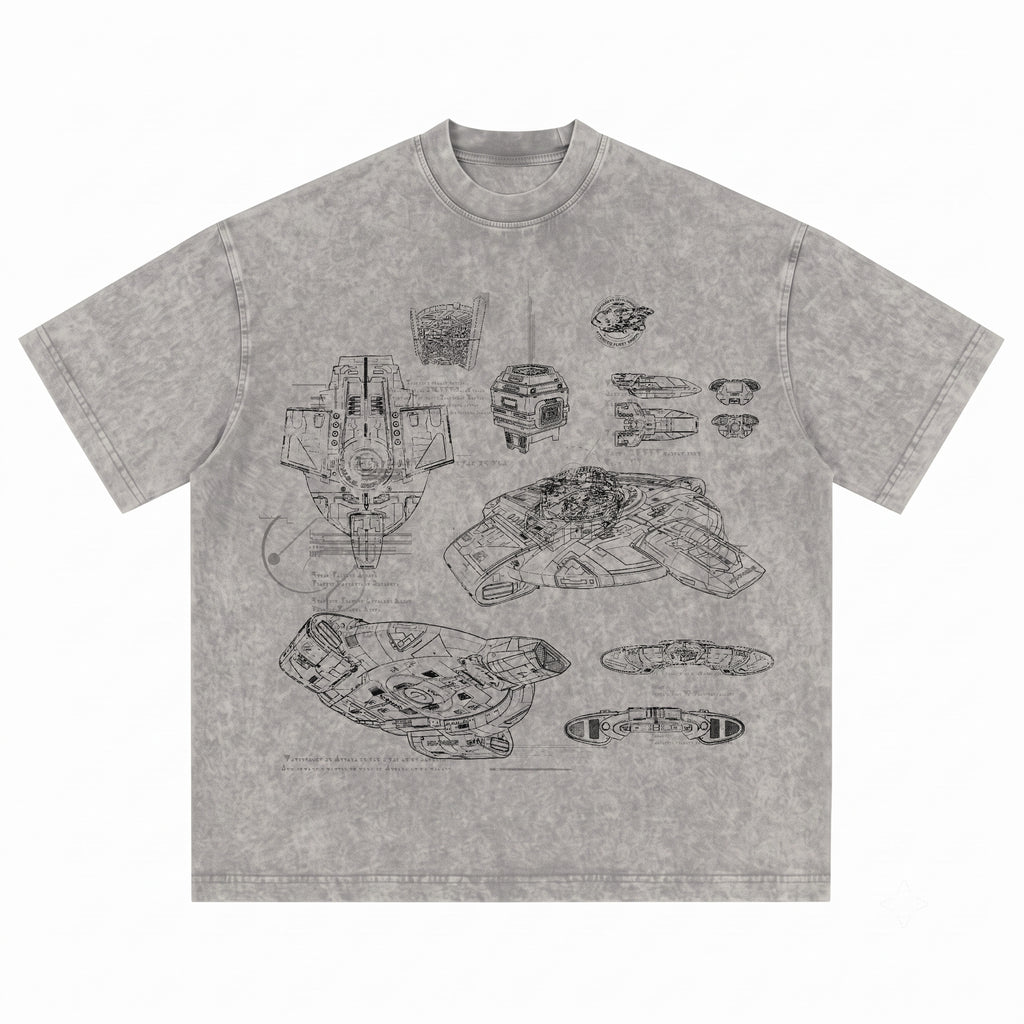 USS Defiant Schematic Wash Tee - Sci-fi Movies Vintage Wash T-shirt