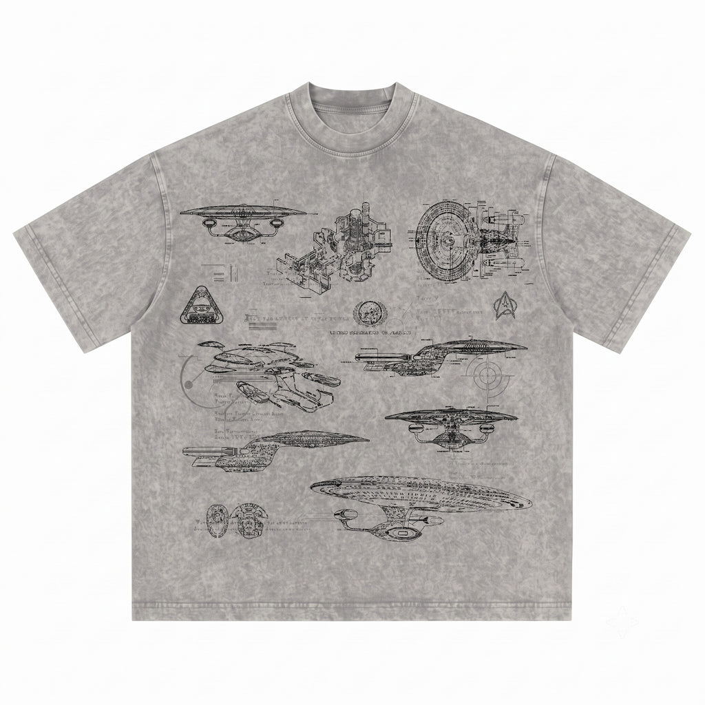 NCC-1701-D USS Enterprise Schematic Wash Tee - Sci-fi Movies Vintage Wash T-shirt