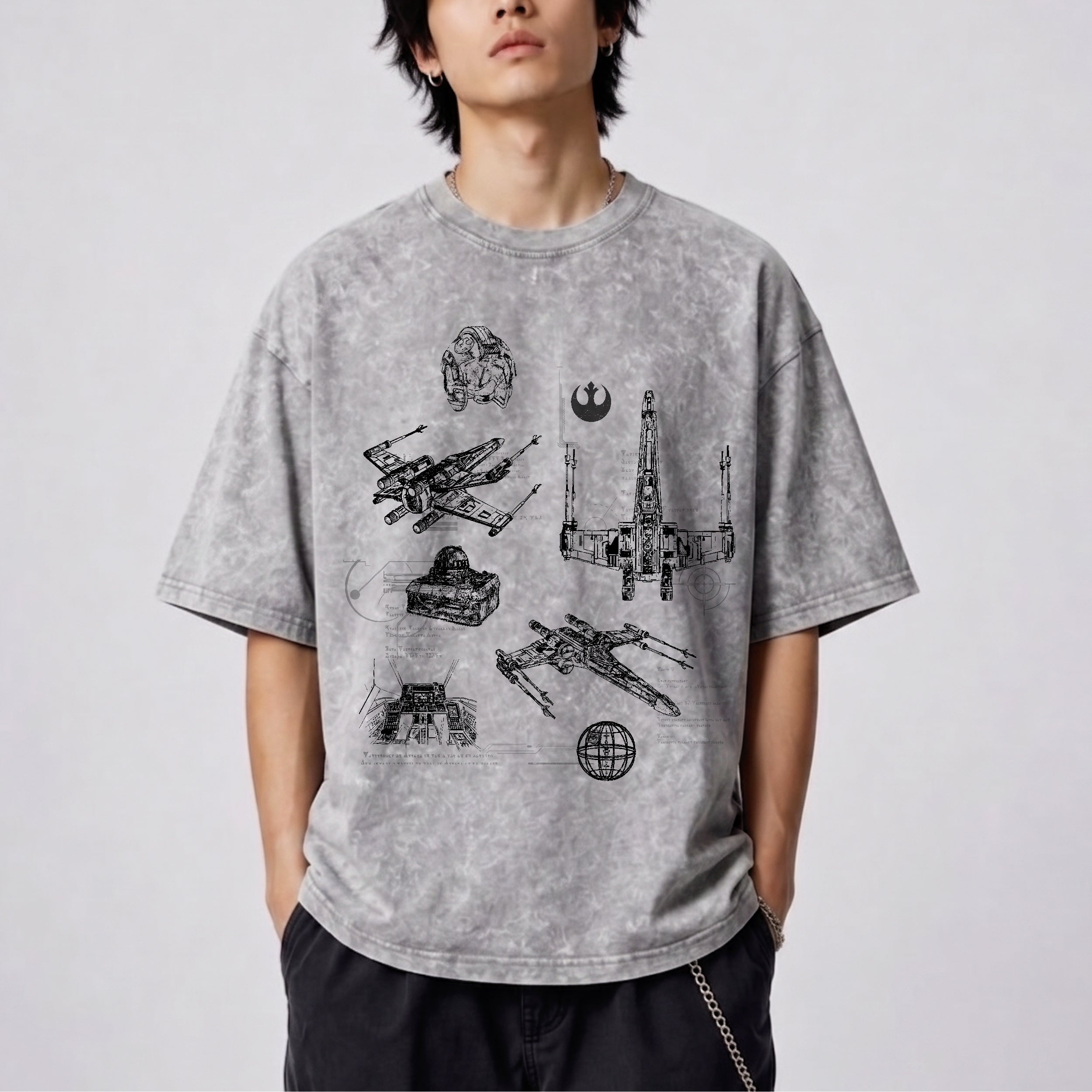 T-65B X-Wing Starfighter Schematic Wash Tee - Galactic Vintage Wash T-shirt