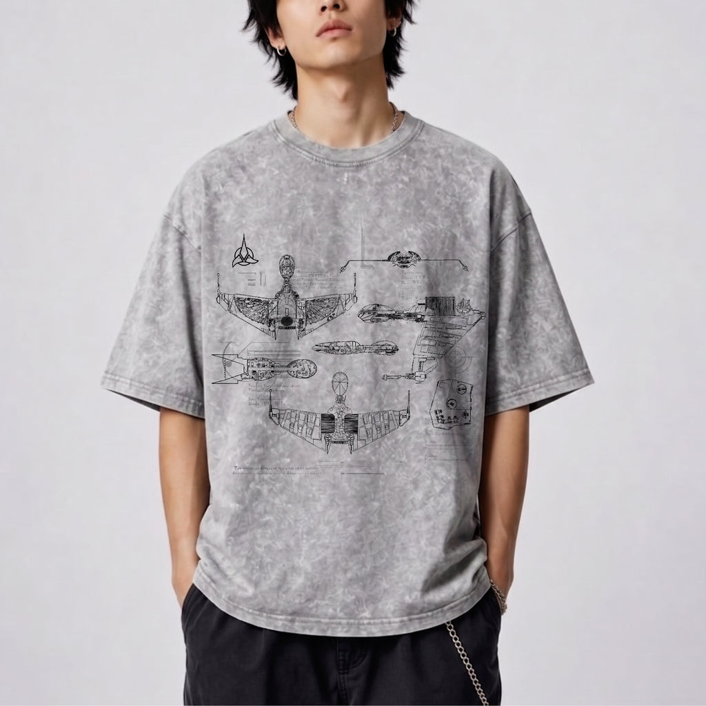 Klingon Starship Schematic Wash Tee - Sci-fi Movies Vintage Wash T-shirt