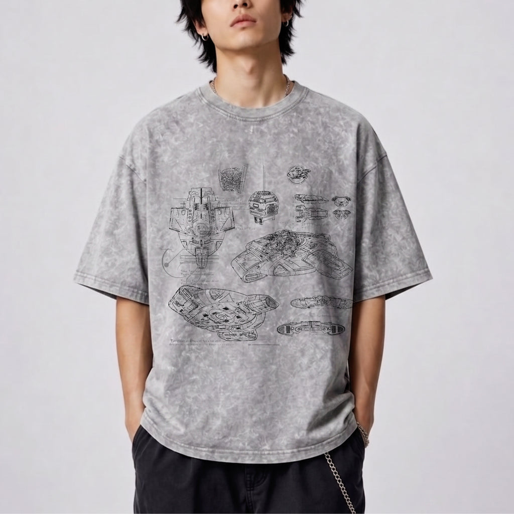 USS Defiant Schematic Wash Tee - Sci-fi Movies Vintage Wash T-shirt
