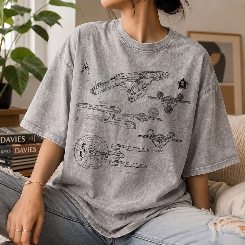 New USS Enterprise Schematic Wash Tee - Sci-fi Movies Vintage Wash T-shirt