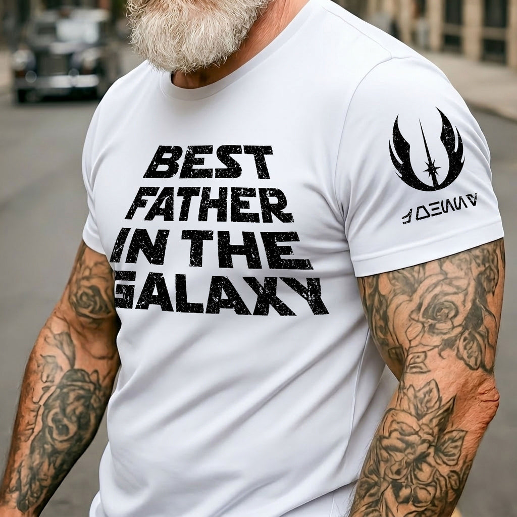 Custom Best Father In The Galaxy Name in Aurebesh and Mando'a Sleeve Printed Shirt - Personalized Father's Day Shirt