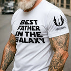 Custom Best Father In The Galaxy Name in Aurebesh and Mando'a Sleeve Printed Shirt - Personalized Father's Day Shirt