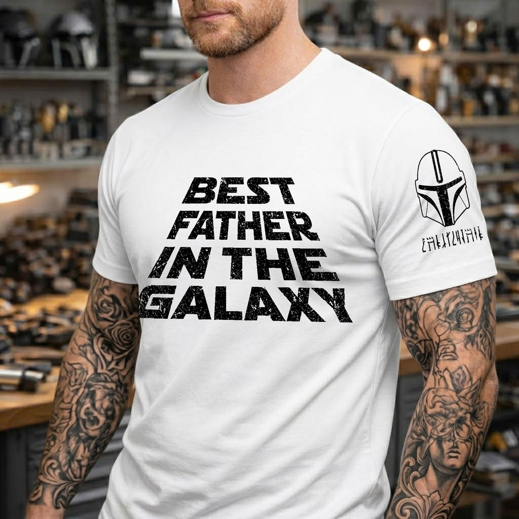 Custom Best Father In The Galaxy Name in Aurebesh and Mando'a Sleeve Printed Shirt - Personalized Father's Day Shirt