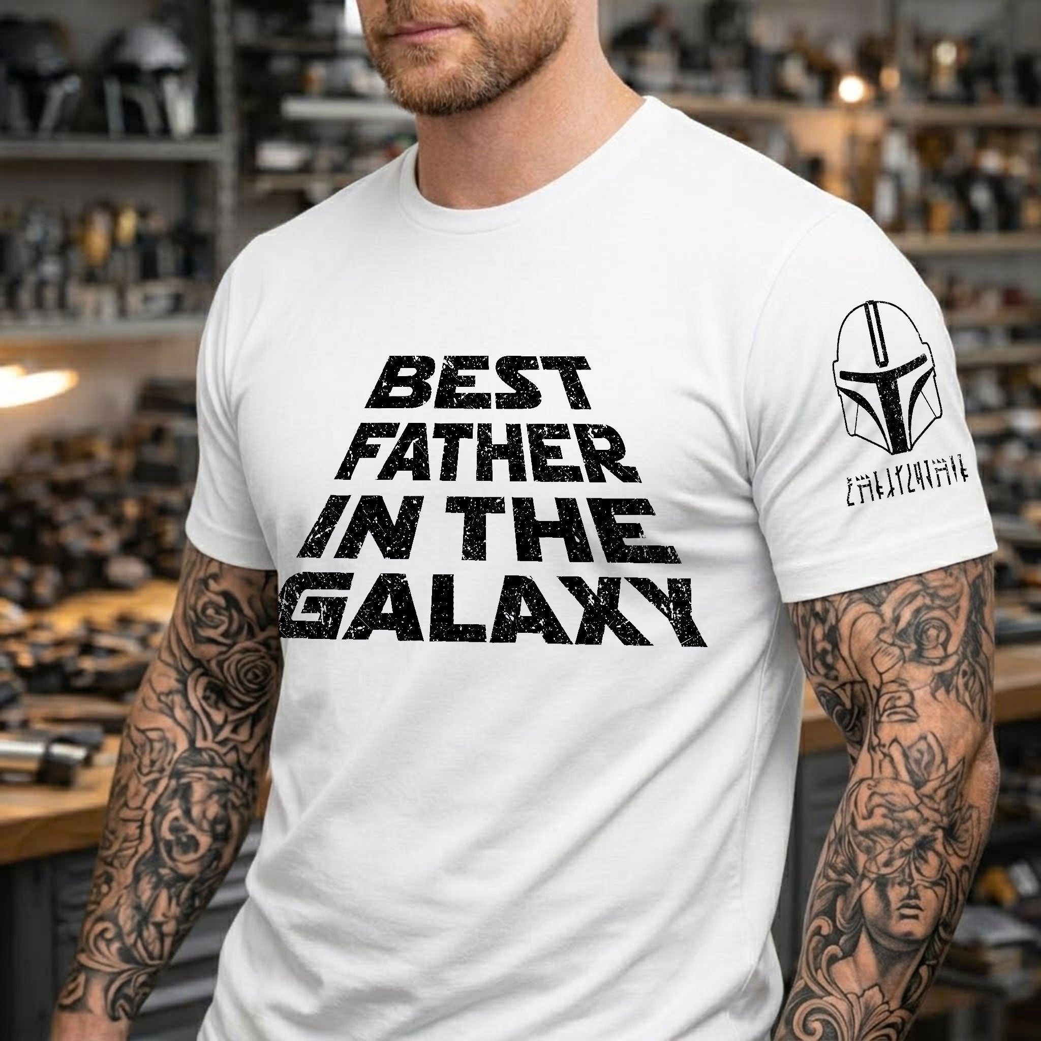 Custom Best Father In The Galaxy Name in Aurebesh and Mando'a Sleeve Printed Shirt - Personalized Father's Day Shirt