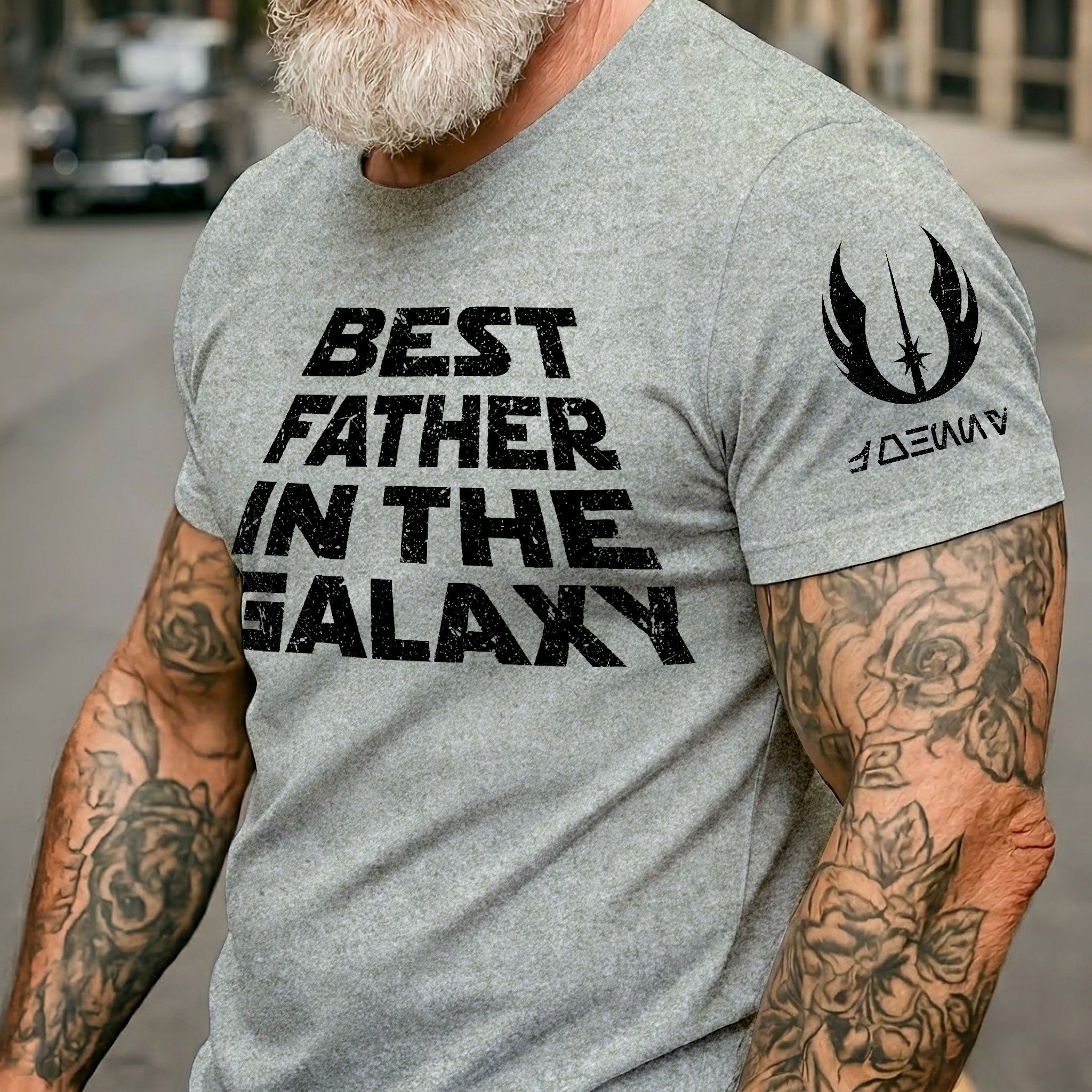 Custom Best Father In The Galaxy Name in Aurebesh and Mando'a Sleeve Printed Shirt - Personalized Father's Day Shirt