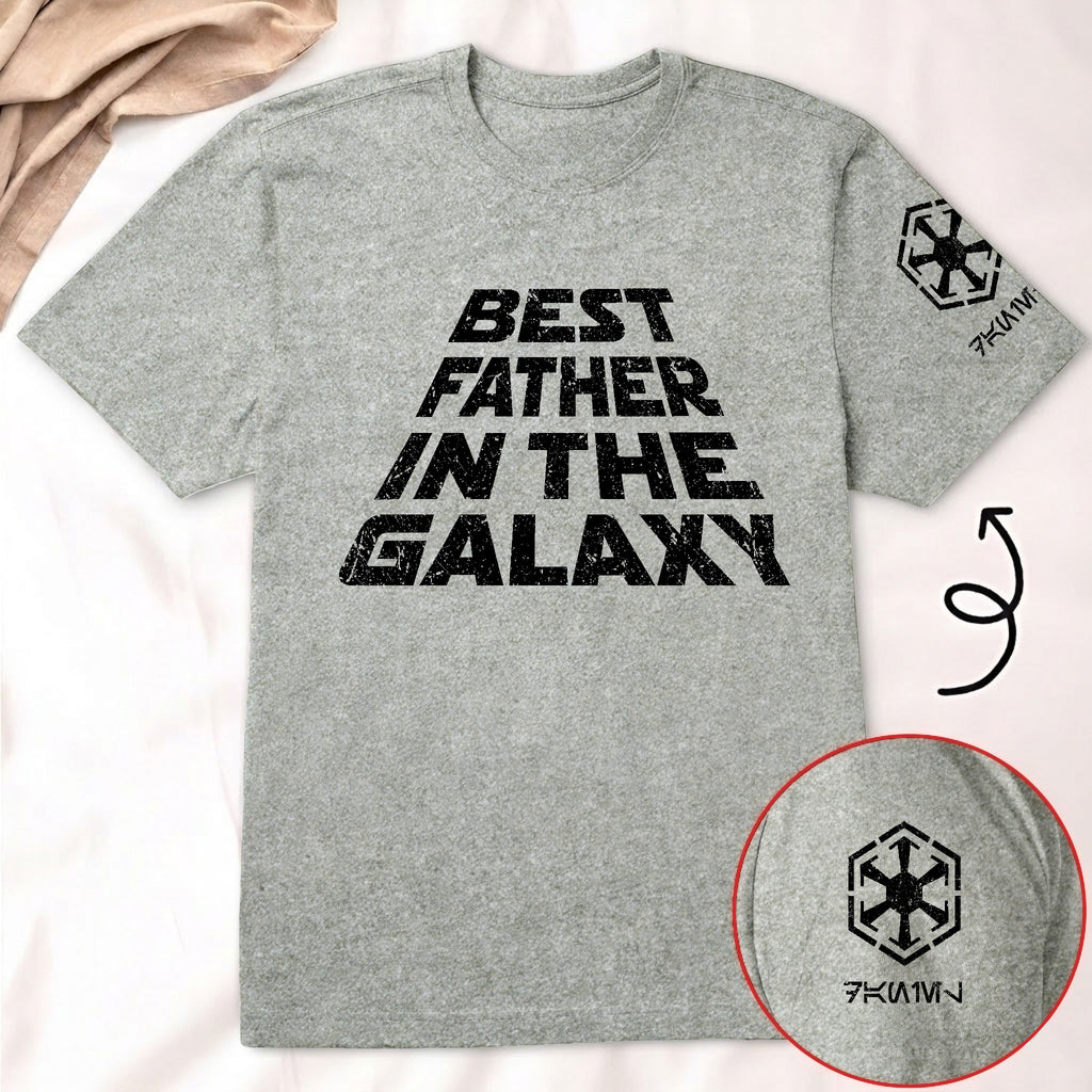 Custom Best Father In The Galaxy Name in Aurebesh and Mando'a Sleeve Printed Shirt - Personalized Father's Day Shirt