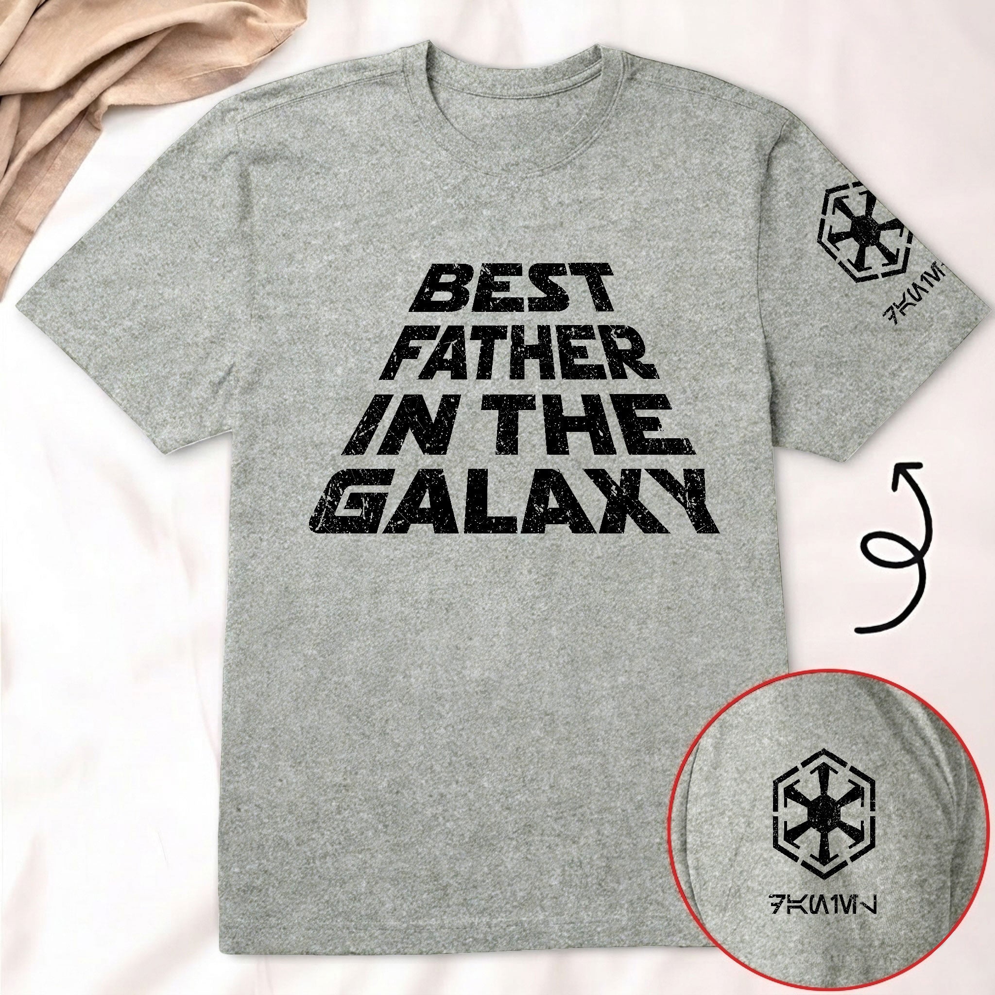Custom Best Father In The Galaxy Name in Aurebesh and Mando'a Sleeve Printed Shirt - Personalized Father's Day Shirt